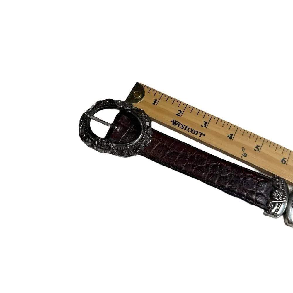 Vintage Reversible Leather Belt Brown Black Ornate Silvertone Embellishments L